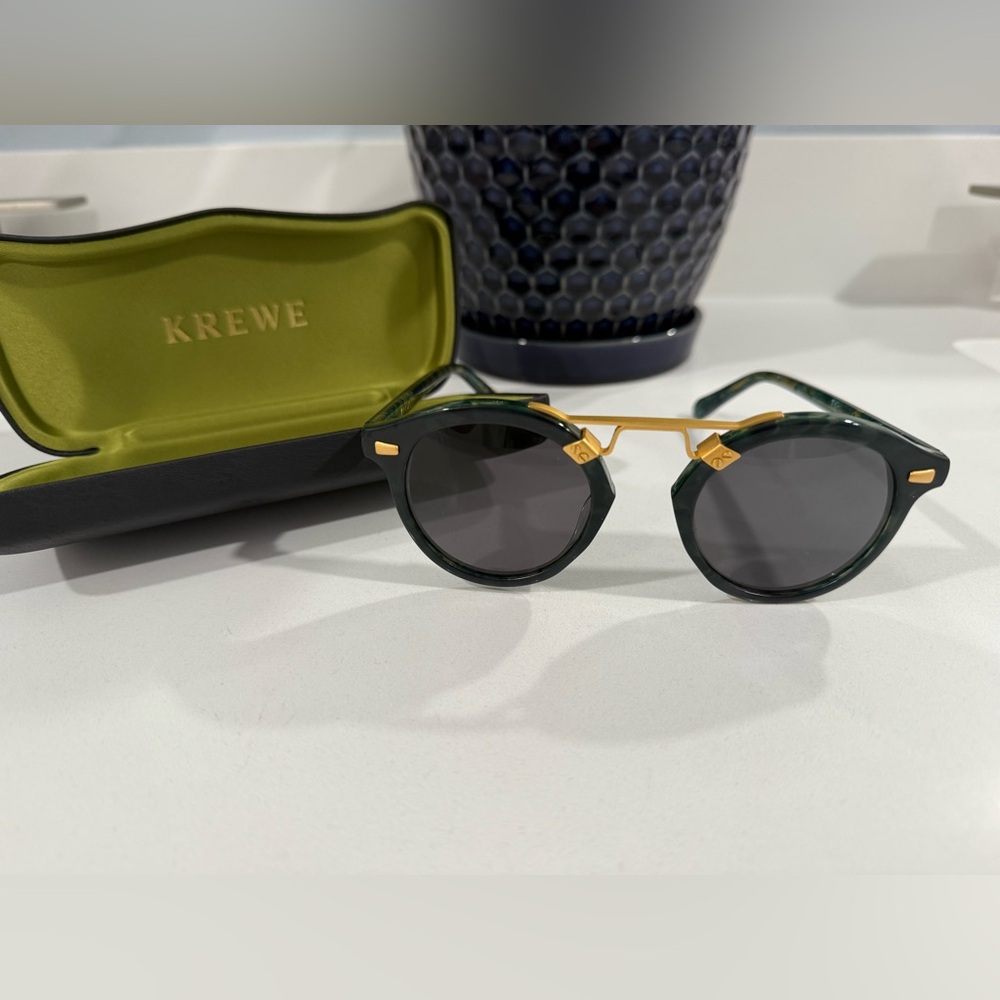 Krewe STL II Polarized Dark Green and 18K Gold Sunglasses- EUC